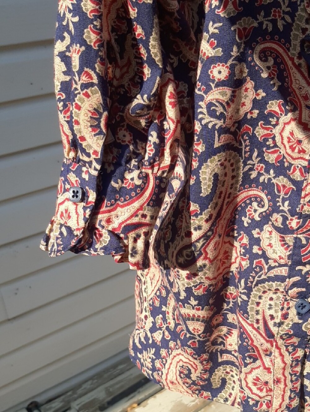 HAND-SEWN🧵70's STYLE Paisley High-Neck Blouse in Navy&Tan BUTTON-UP Fits M/L - Picture 5 of 10